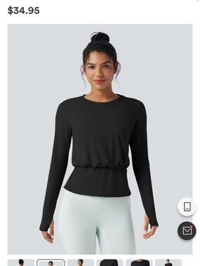 HALARA Black Long-Sleeve Cinched-Waist Crew Top